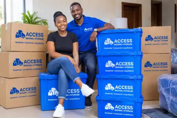 Movers in Nairobi - Access Movers Kenya team with branded boxes and crates