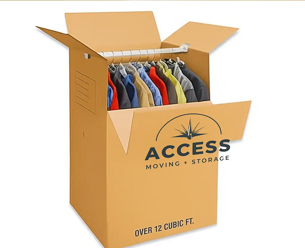 Affordable movers in Nairobi packing with Access Moving + Storage branded boxes and a wardrobe moving carton