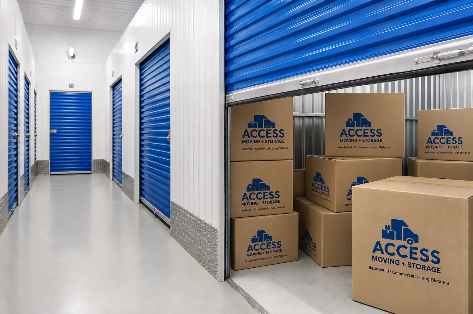 Storage services at Access Movers Kenya Secure self storage units in Nairobi by Access Moving + Storage with blue storage doors and branded moving boxes for residential and commercial storage.